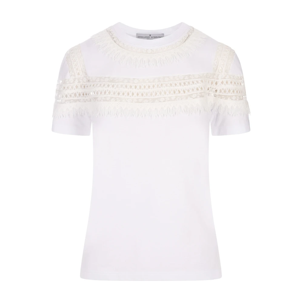 Ermanno Scervino Wit Crew-neck T-shirt met Macramé Detail White Dames
