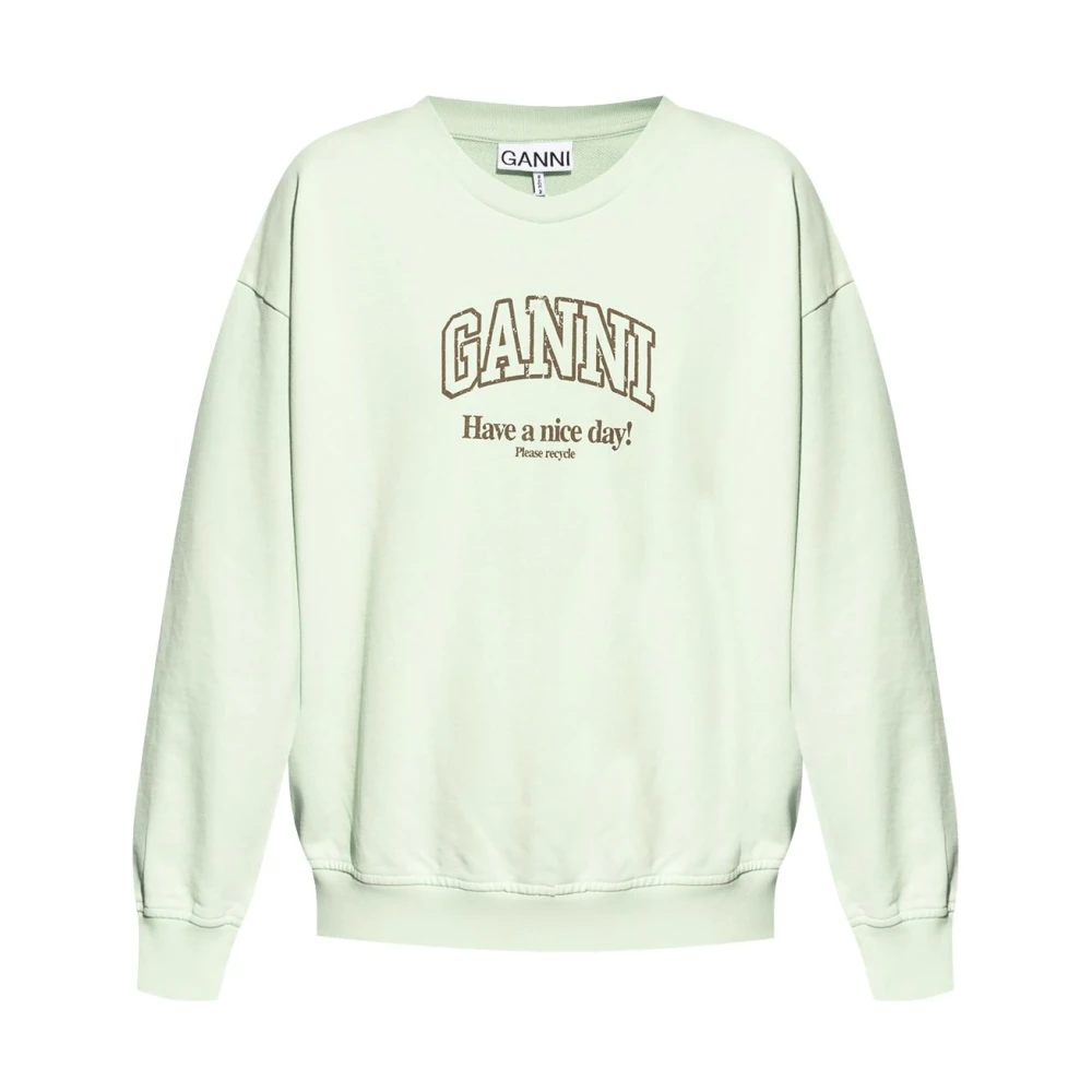 Ganni Logo Print Crew Neck Sweater Green Dames