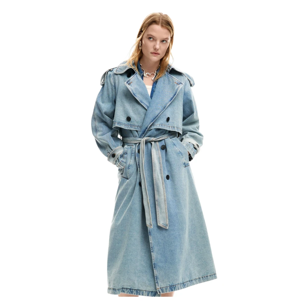 Desigual Vrouw Blauw Jassen Dames, Xs, Katoen, Chaq Vio Trenchcoat