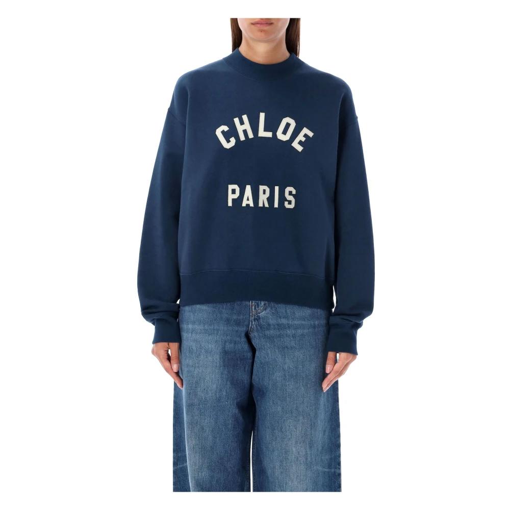 Chloé Blue Sweatshirts, Female, S, Mock-Neck Logo Jumper