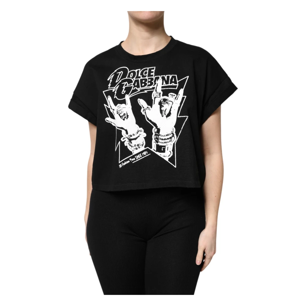 Dolce & Gabbana , T-Shirts, Female, Black, 3XL, Black Cotton Printed Short Sleeves T-Shirt