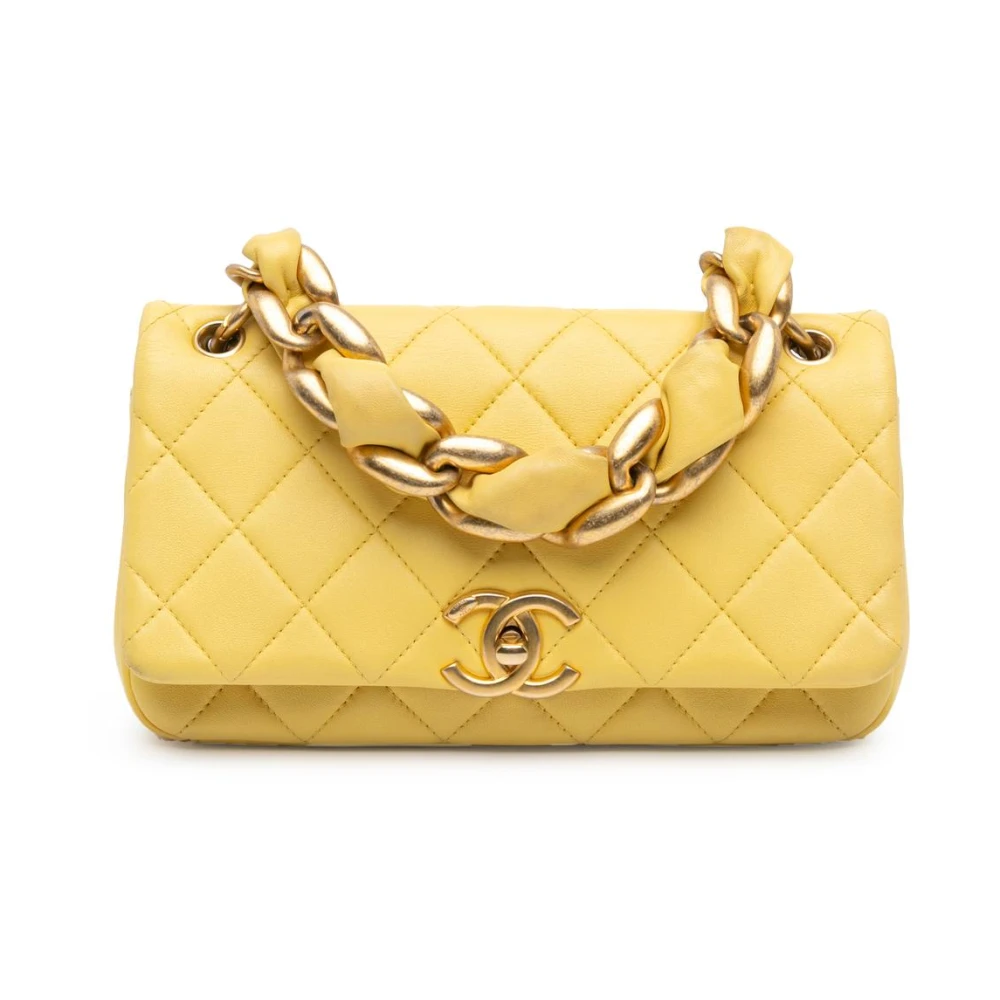 Chanel Vintage Women's Yellow Pre-Owned Quilted Lambskin Chain Bag