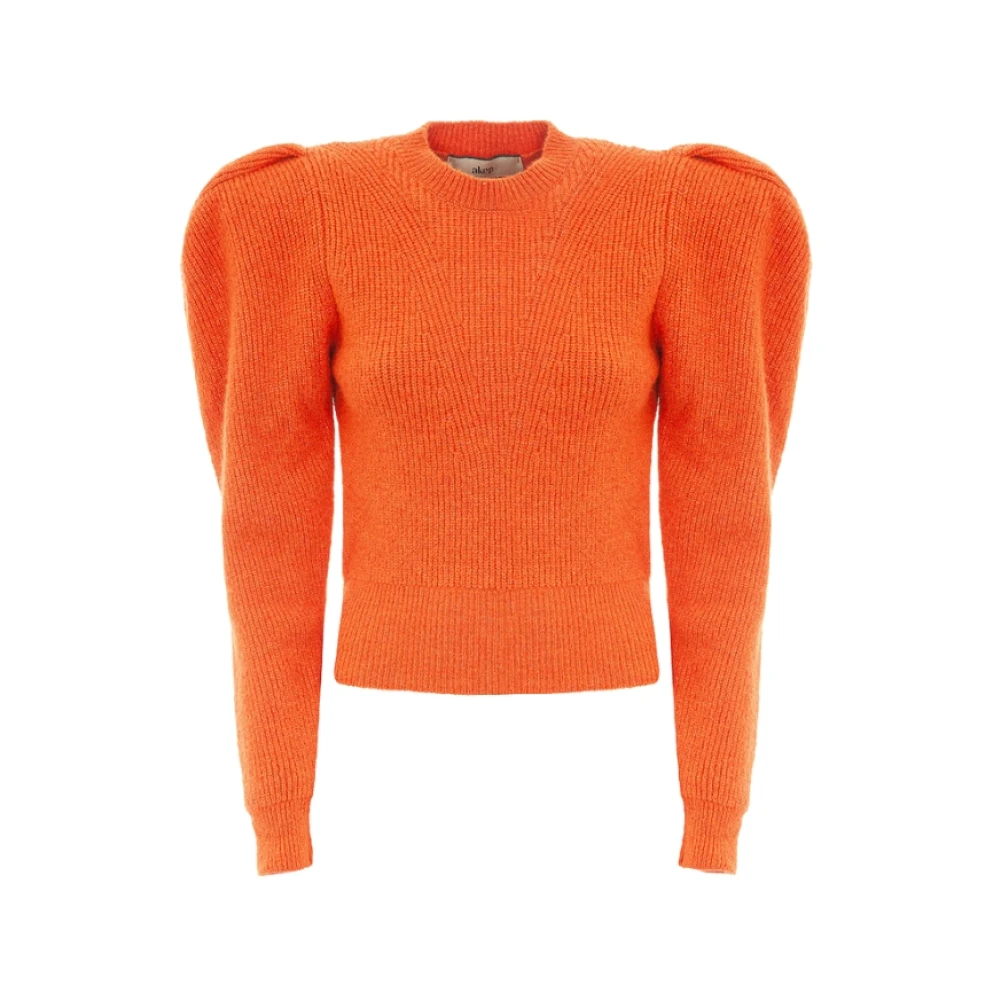 Akep Women's Orange Round-Neck Knitwear, M, Ribbed Jumper With Balloon Sleeves