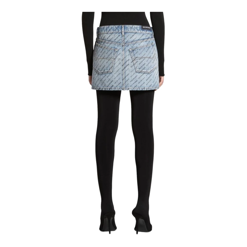 Balenciaga Logo Print Denim Rok Blauw Blue Dames