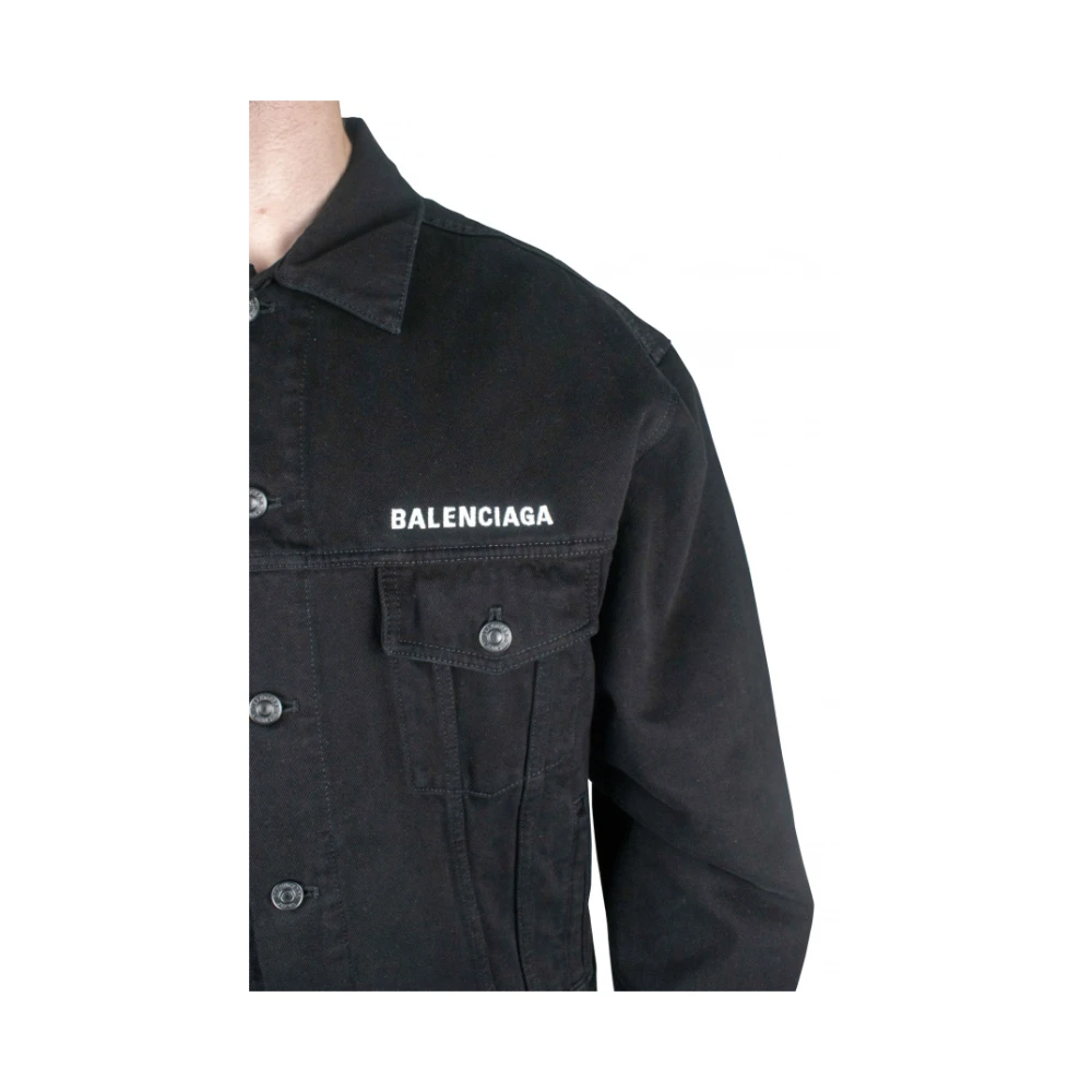 Balenciaga Zwarte denim jas met wit logo Black Heren