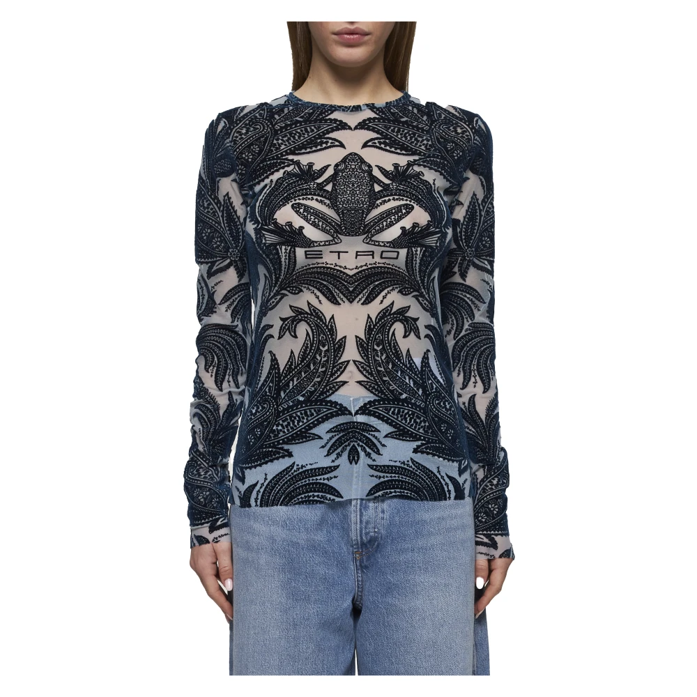ETRO Blauwe Crewneck met Kikker en Paisley Blue Dames