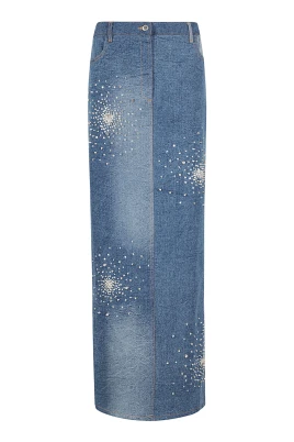 Broderad Denim Midi Kjol