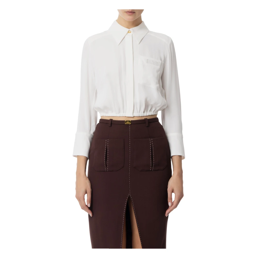 Elisabetta Franchi Georgette Cropped Skjorta med 3/4 Ärmar Beige, Dam