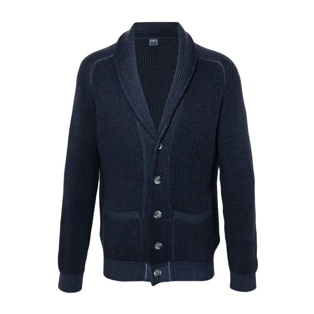 Fedeli Gebreide Engelse Rib Cardigan Sweaters Blue Heren
