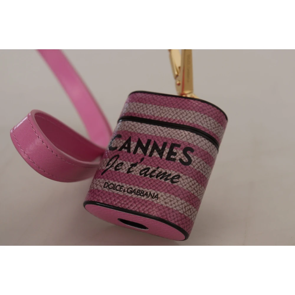 Dolce & Gabbana Roze Zwarte Leren Airpods Hoesje met Gouden Metalen Logo Pink Dames