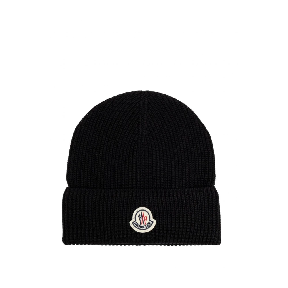Moncler Unisex Black Accessories, One Size, Cotton Beanie With Logo Patch