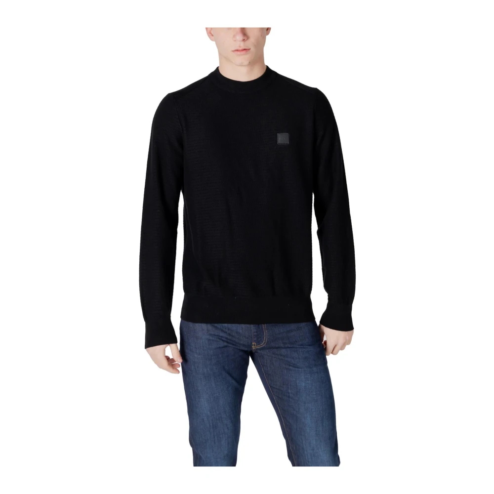 Boss Uomo Nero Maglione In Cotone Piqué Con Patch Con Logo - Immagine 3