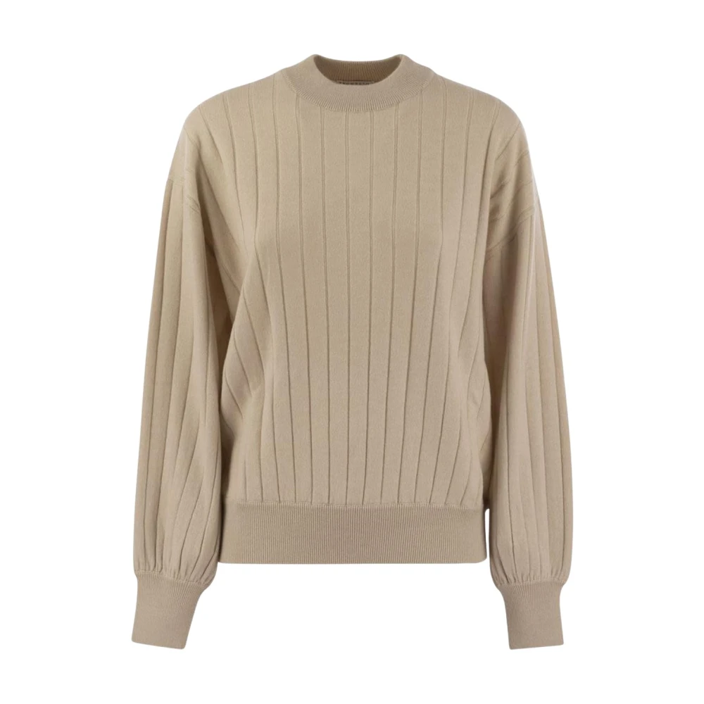 Brunello Cucinelli Beige Round-Neck Knitwear, Female, M, Ribbed Mock Neck Jumper