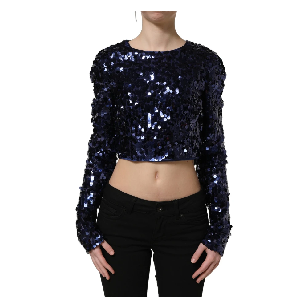 Dolce & Gabbana Blue Blouses, Female, Xs, Sequined Long Sleeves Crop Blouse Top