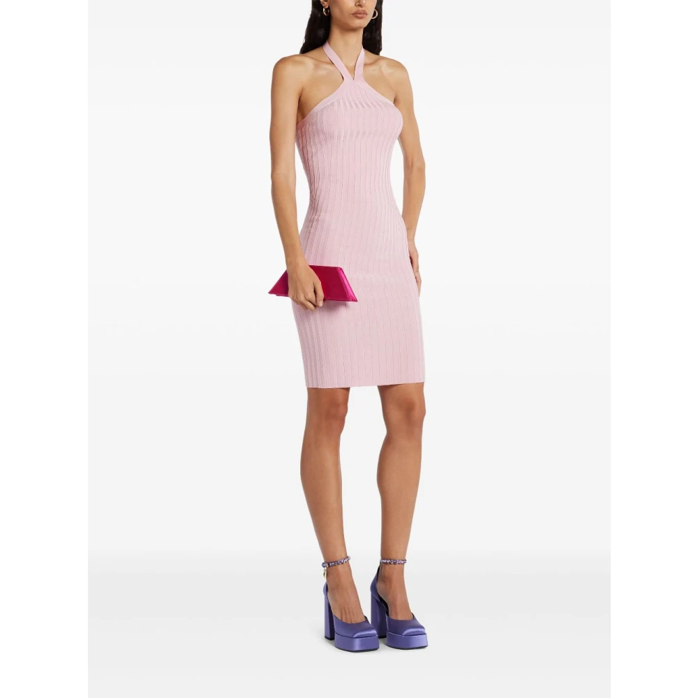 Versace Roze Geribbelde Gebreide Jurk Metalen Kwal Pink Dames