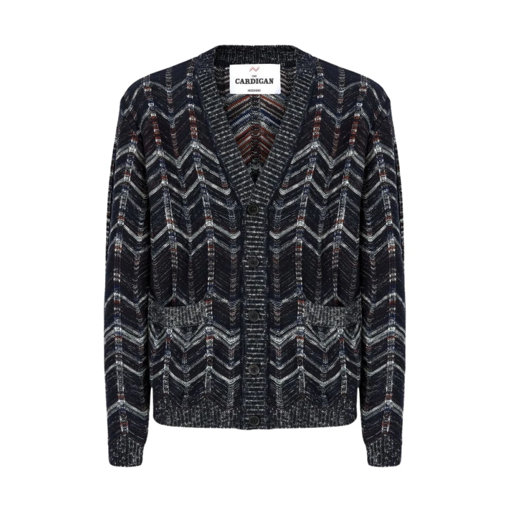 Missoni Men's Blue Cardigans, M, Cotton Chevron Cardigan With Ribbed Trims