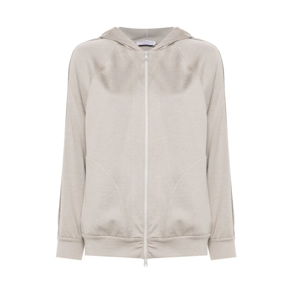BRUNELLO CUCINELLI Lichtgewicht Jersey Hoodie met Monili Kettingdetail Gray Dames