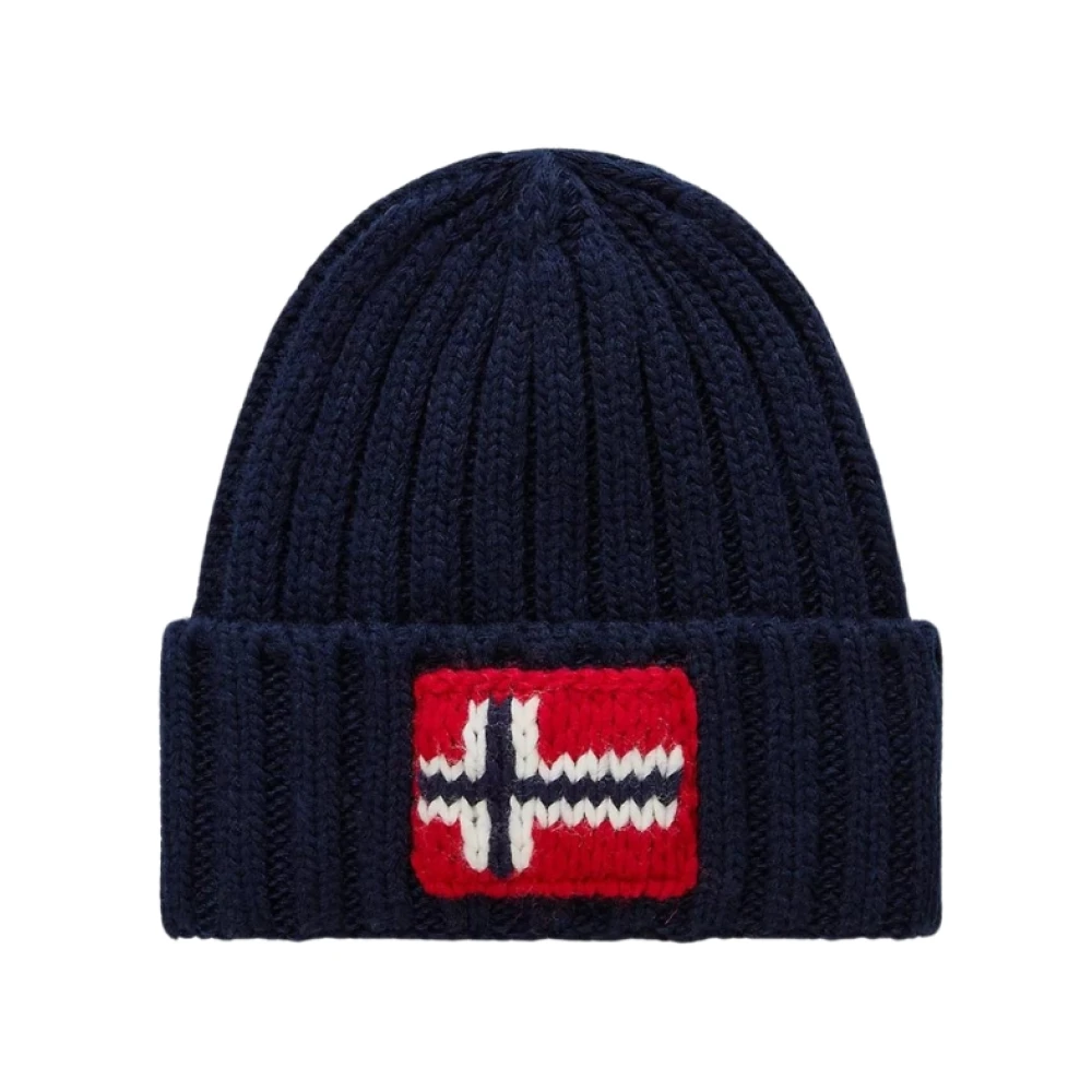 Napapijri Blå Ribbstickad Mössa med Pompon Blue, Herr