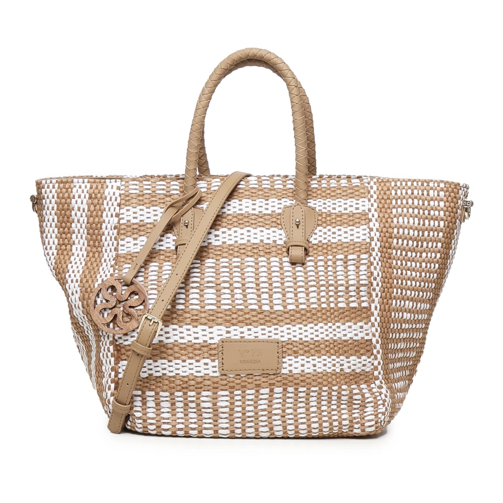 V73 Women's Beige Stylish Shopping Bag With Logo Patch - Shopping Bags - One Size - Bags