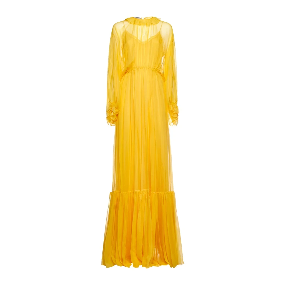 Gucci Women's Yellow Gowns, S, Silk Long Dress With Ruffles Detail