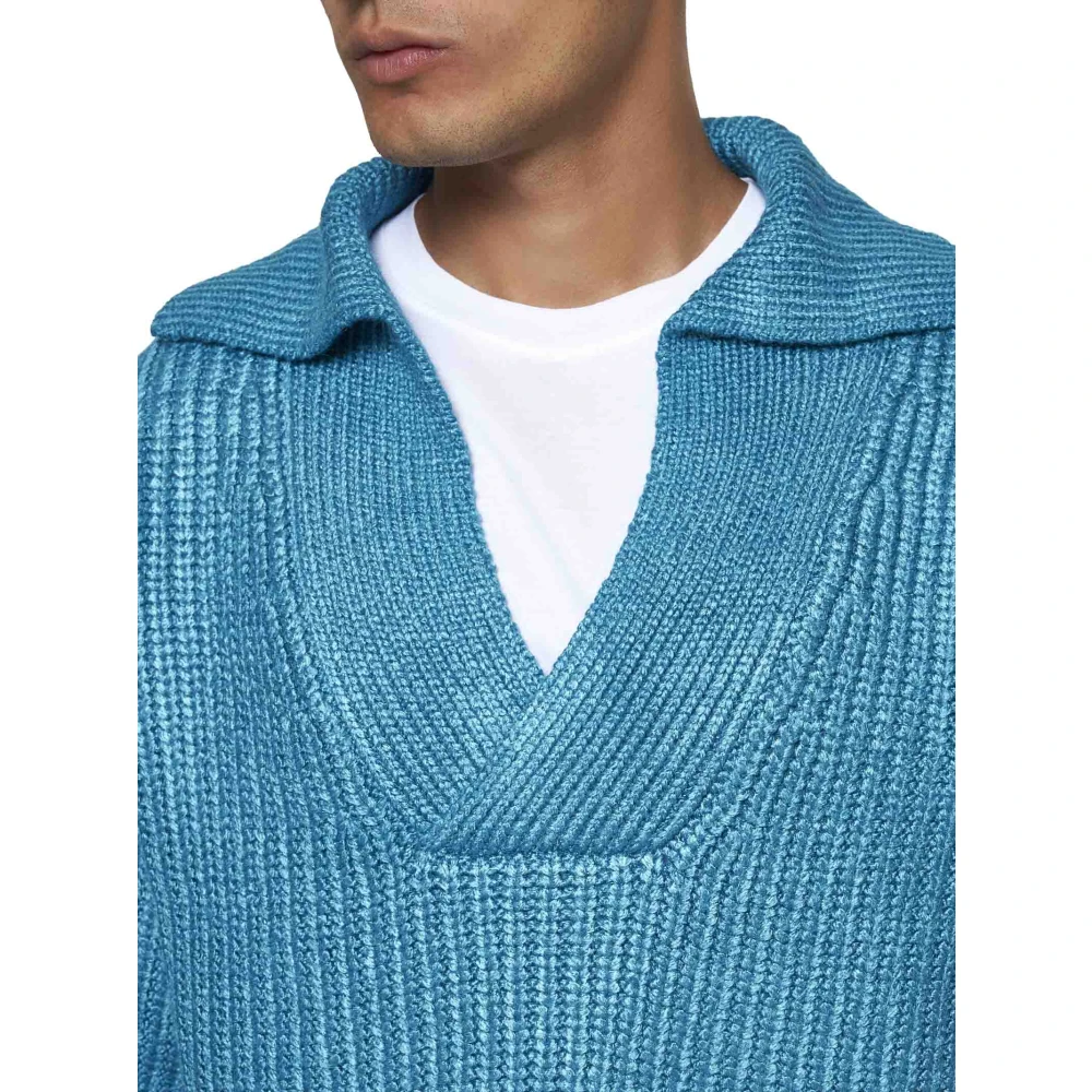Valentino Blauwe Zijden Gebreide Trui Wrap V-Hals Blue Heren