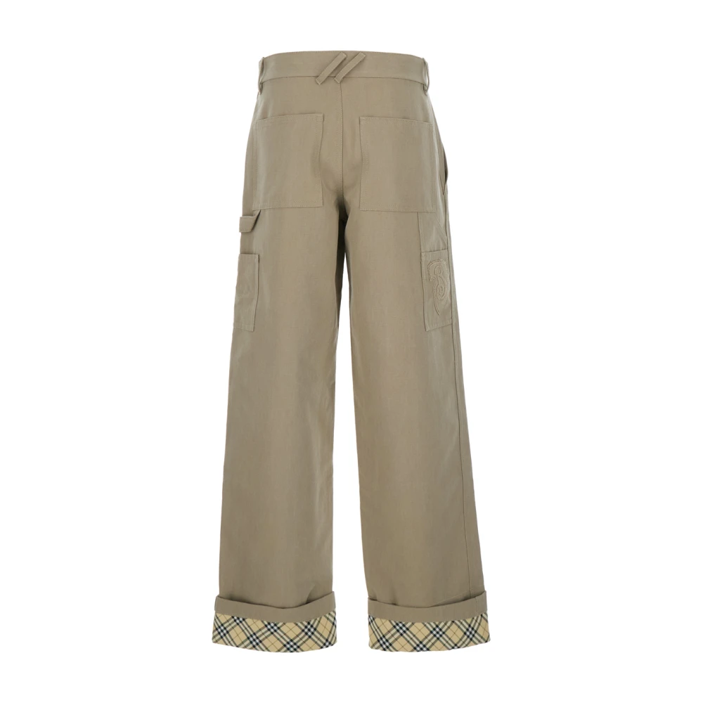 Burberry Beige broek met logo borduursel en geruite zoom Beige Heren