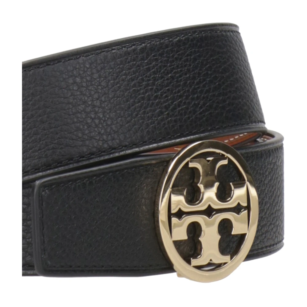 TORY BURCH Riem van generfd leer met logo-gesp Black Dames