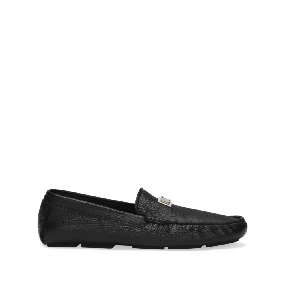 Dolce & Gabbana Men's Black Loafers, 8 Uk, Logo Moccasins With Golden Plaque