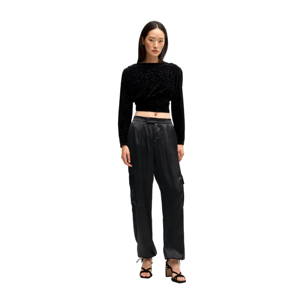 Hugo Boss Cargo Broek Straight Fit Satijn Zwart Black Dames