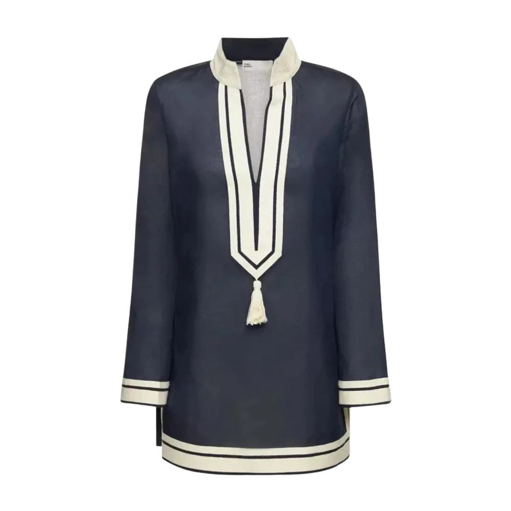 Tory Burch Women's Blue Tunics, L, Navy Cotton Tunic With V-Neck