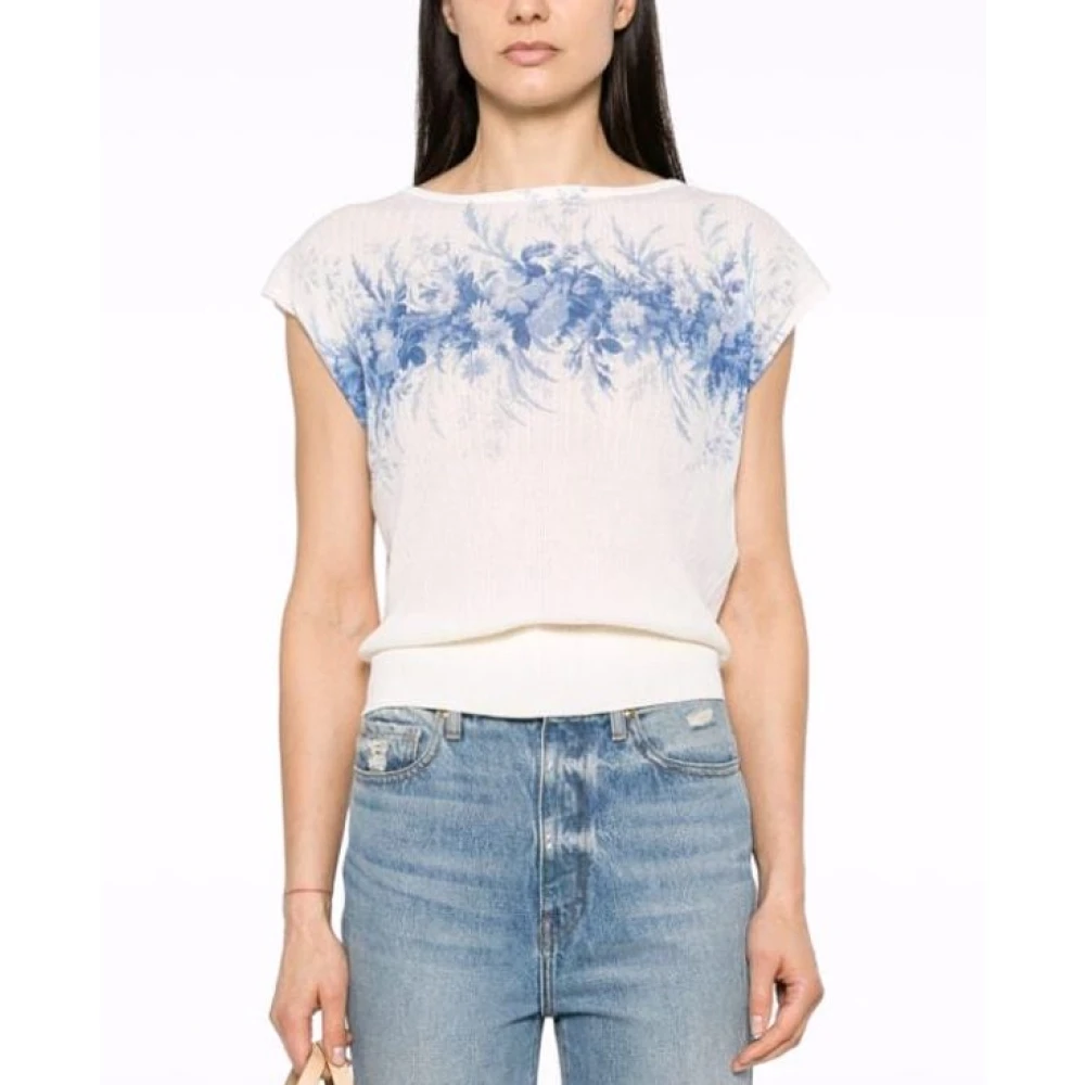 Twinset Ivoor Geribbeld Blauw Bloemen T-Shirt Beige Dames