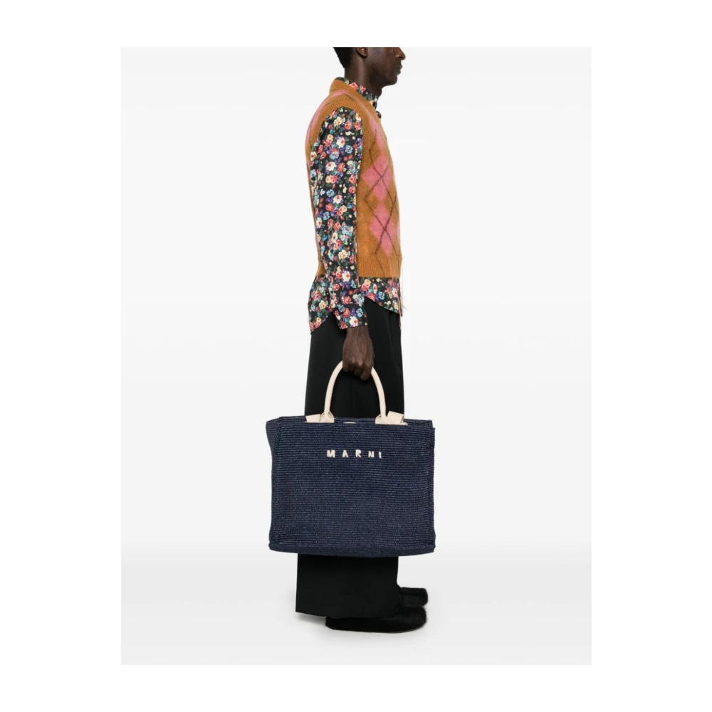 Marni Blauw Beige Raffia Tote Tas Blue Heren