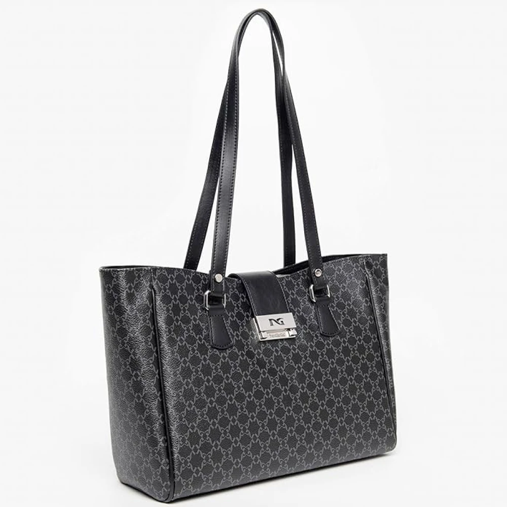 Nerogiardini Zwarte eco-lederen handtas met grijs motief en zilveren rits Black Dames