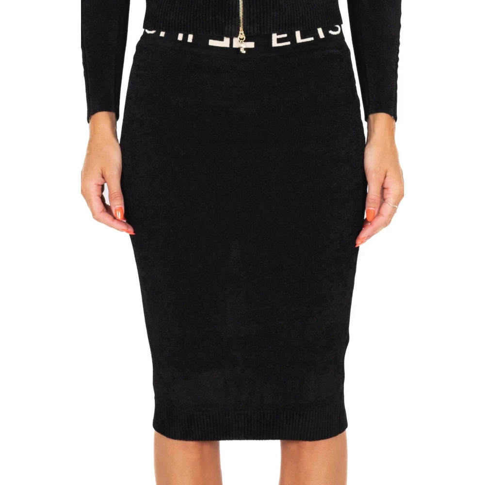Elisabetta Franchi Zwarte wollen potloodrok met logoband Black Dames