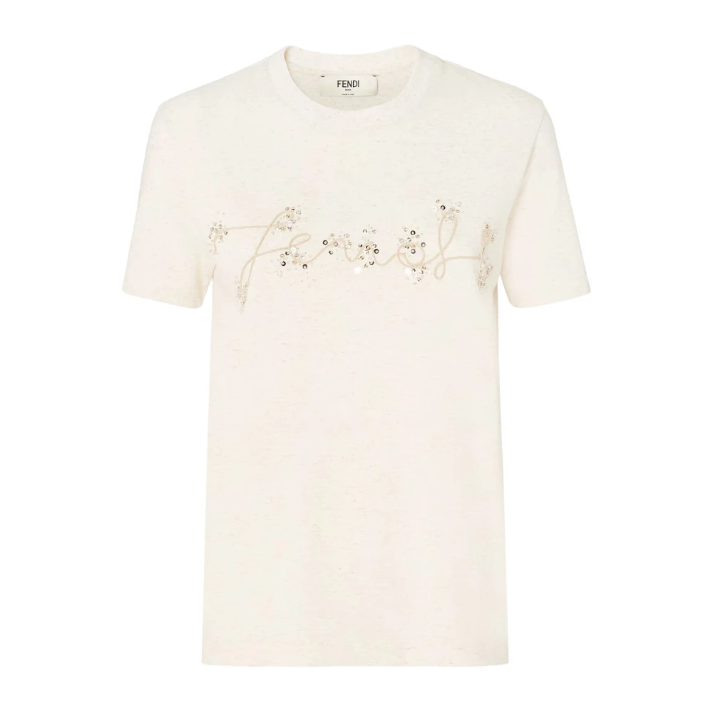 Fendi Women's Beige Rhinestone Logo T-Shirts And Polos - T-Shirts - L - Tops