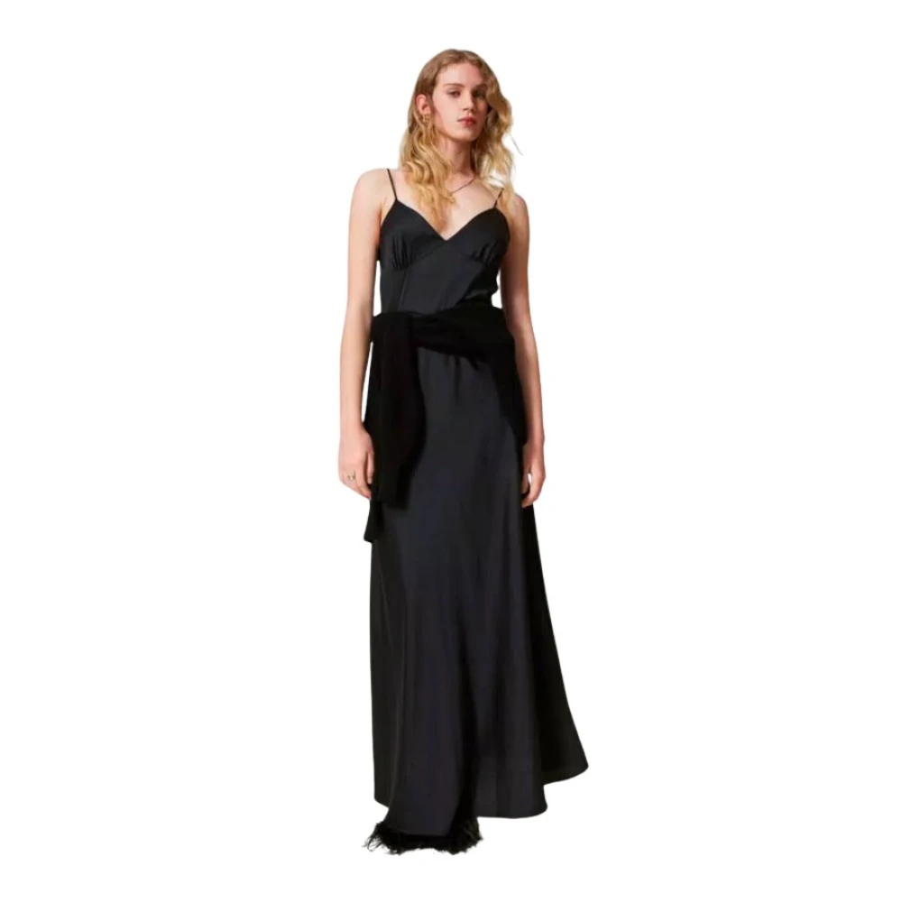 Twinset Zwarte Satijnen Maxi Slipjurk Black Dames