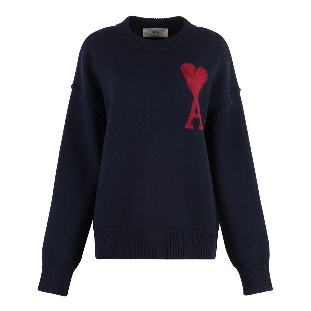 Ami Paris Geribbelde Crew-neck Wollen Trui Blue Dames