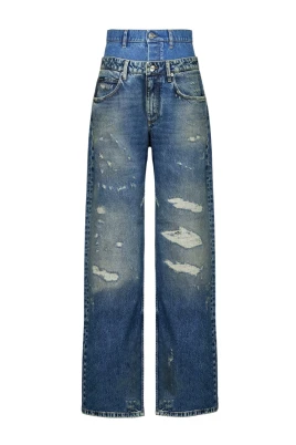Jeans i denim med vida ben och slitna detaljer