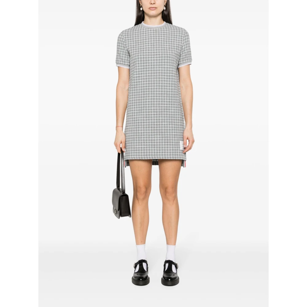 Thom Browne Katoenen Tweed Crew Neck Jurk Gray Dames