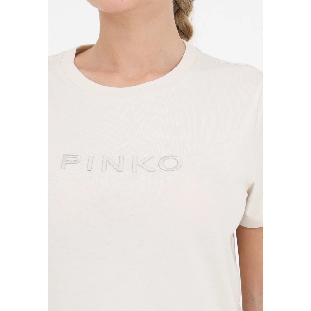 pinko Beige Logo Geborduurd Dames T-shirt Beige Dames