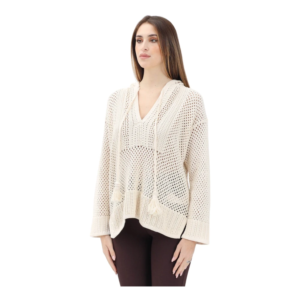 Akep Women's Beige Crochet Hooded Jumper For - V-Neck Knitwear - M - Knitwear