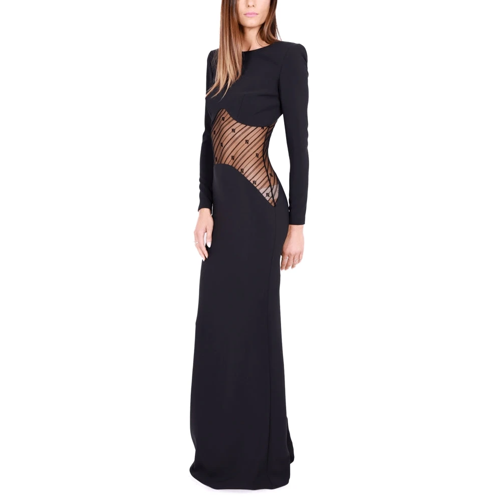 Elisabetta Franchi Lange Zwarte Crepe Jurk met Tule Inzet Black Dames
