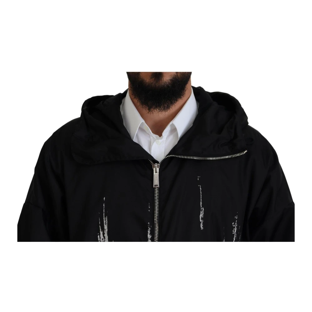 Dsquared2 Zwart Wit Print Hooded Lange Jas Black Heren