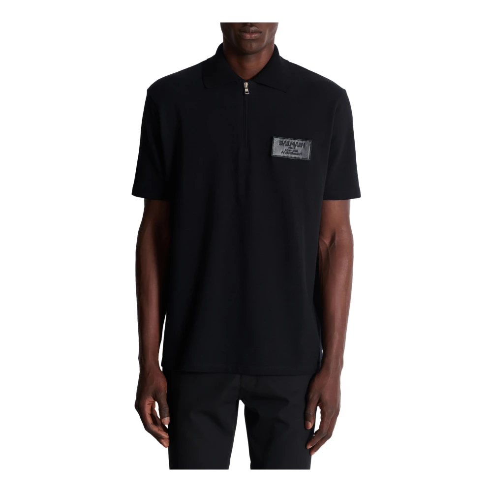 Balmain Katoenen poloshirt met leren Couture-label Black Heren