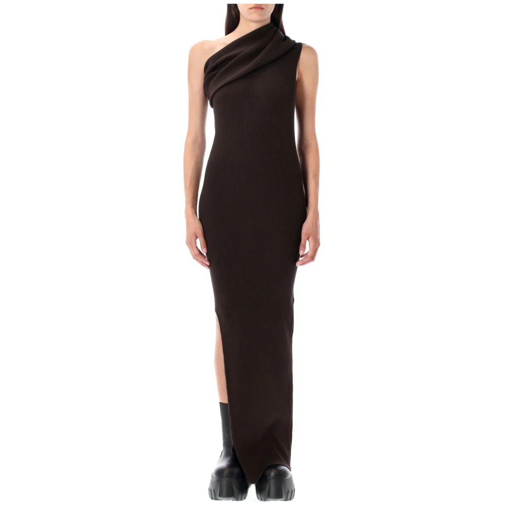 Rick Owens Kvinno Brun Klänningar Dam, M, Polyester, Athena Ribbad Enaxlad Maxiklänning Med Draperad Detalj