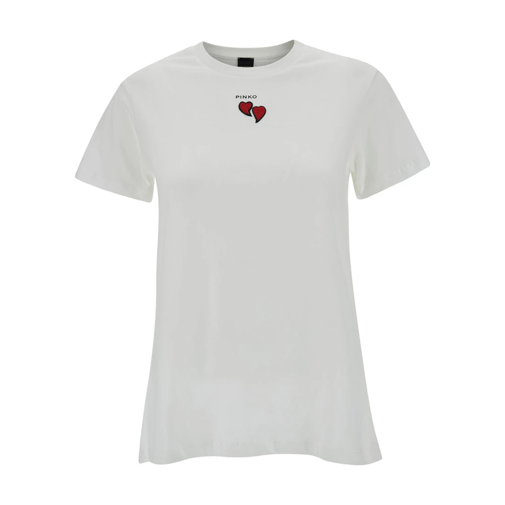 Pinko Witte T-shirt met korte mouwen en rode hart borduursels en logo print White Dames