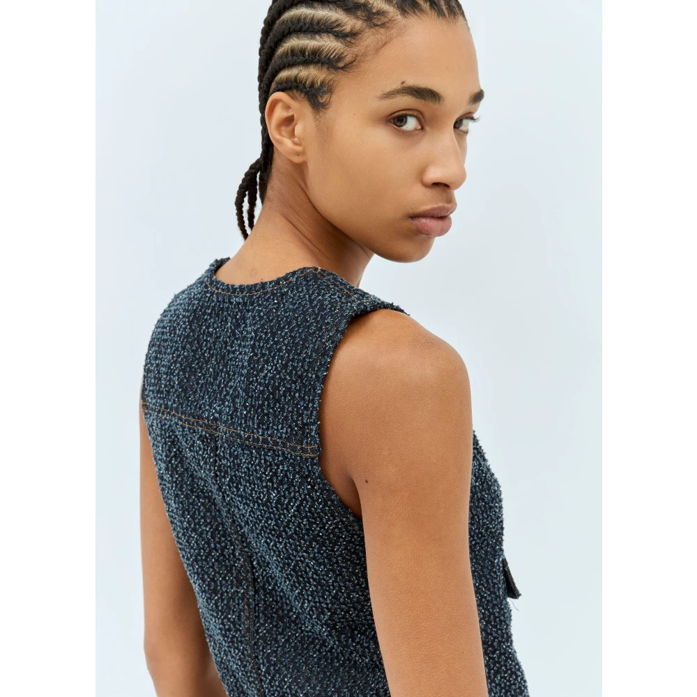 Ganni Fluffy Denim Vest met Goudkleurige Knopen Blue Dames
