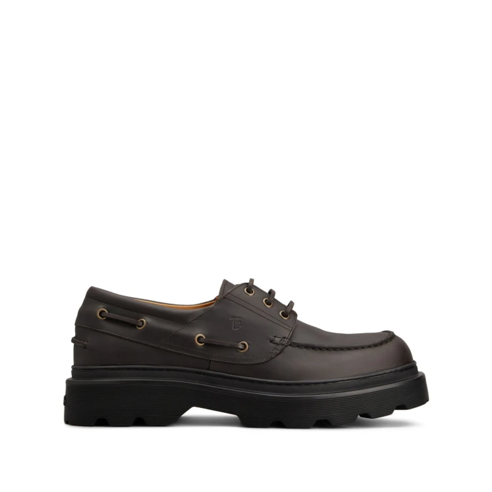 Tod's Men's Brown Laced Shoes, 7 Uk, Lug Sole Leather Boat Shoes