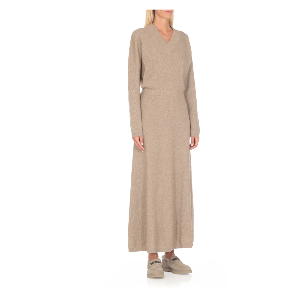 BRUNELLO CUCINELLI Bruine Kasjmier Jurk V-Hals Geribbeld Patroon Brown Dames