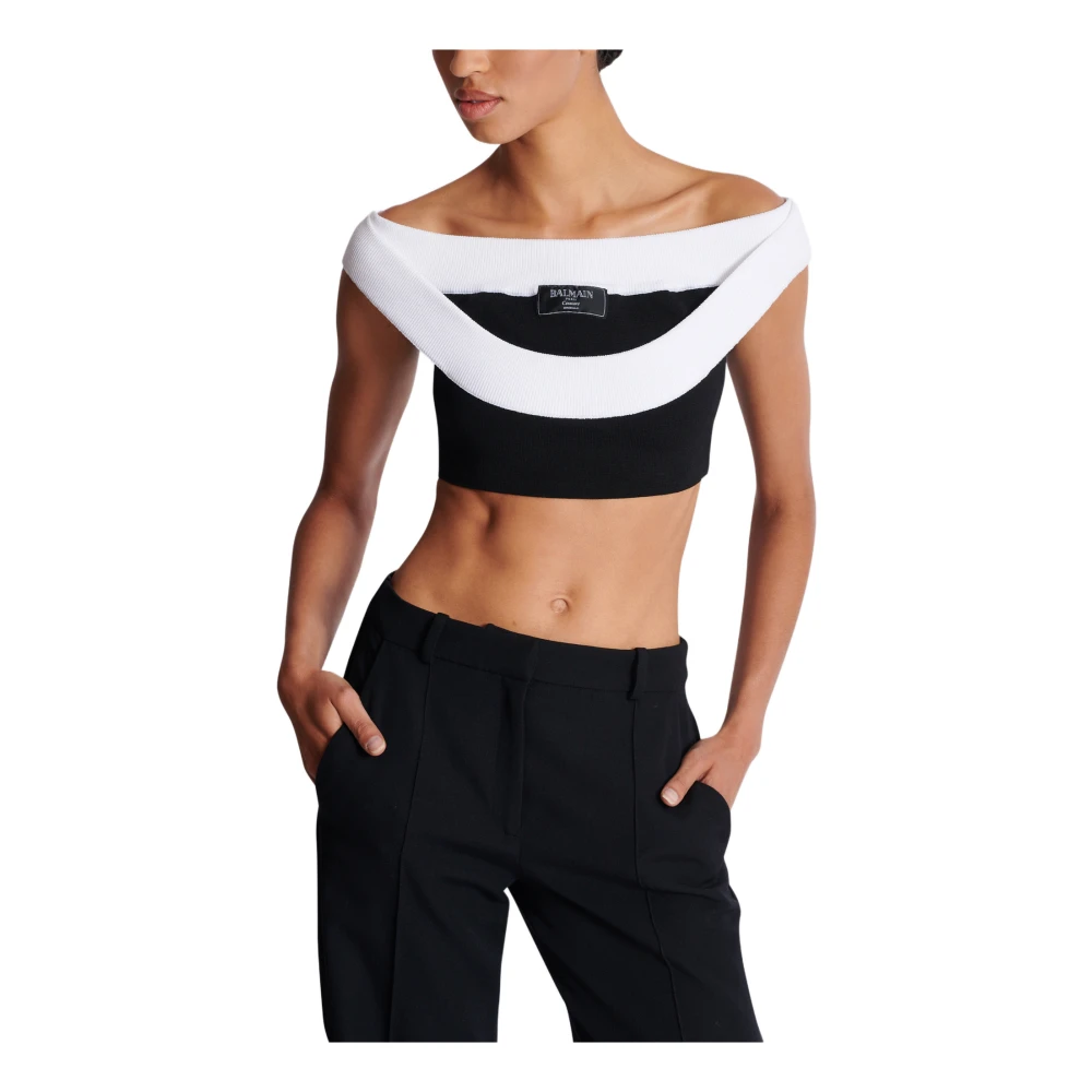 Balmain Tweekleurige gebreide cropped top met dubbele halslijn White Dames